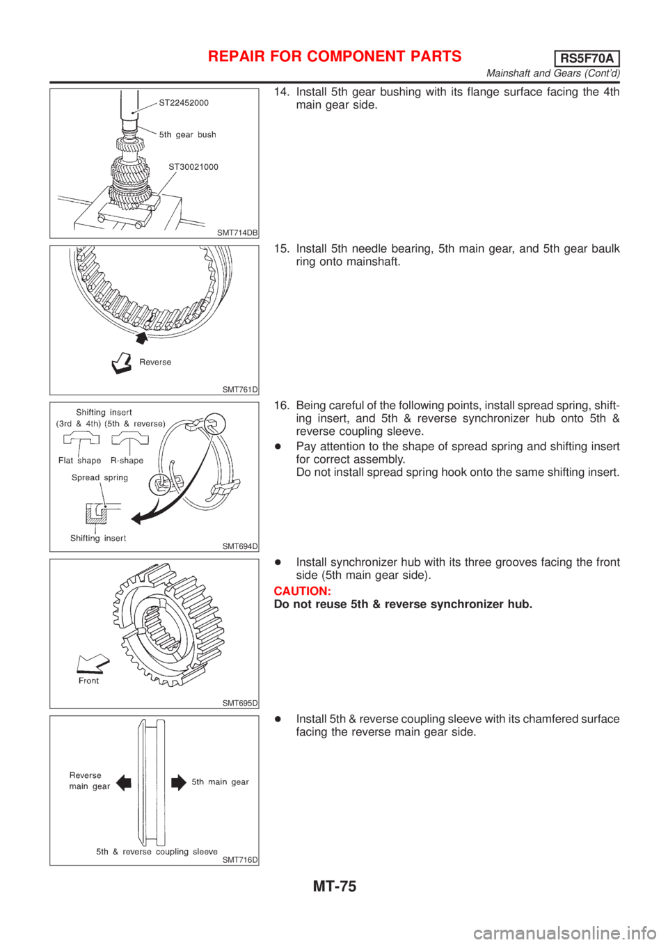 NISSAN ALMERA 2001  Service Manual SMT714DB
14. Install 5th gear bushing with its flange surface facing the 4th
main gear side.
SMT761D
15. Install 5th needle bearing, 5th main gear, and 5th gear baulk
ring onto mainshaft.
SMT694D
16. 