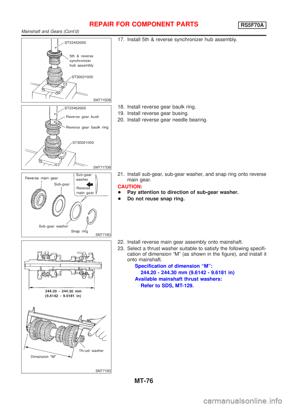 NISSAN ALMERA 2001  Service Manual SMT715DB
17. Install 5th & reverse synchronizer hub assembly.
SMT717DB
18. Install reverse gear baulk ring.
19. Install reverse gear busing.
20. Install reverse gear needle bearing.
SMT718D
21. Instal