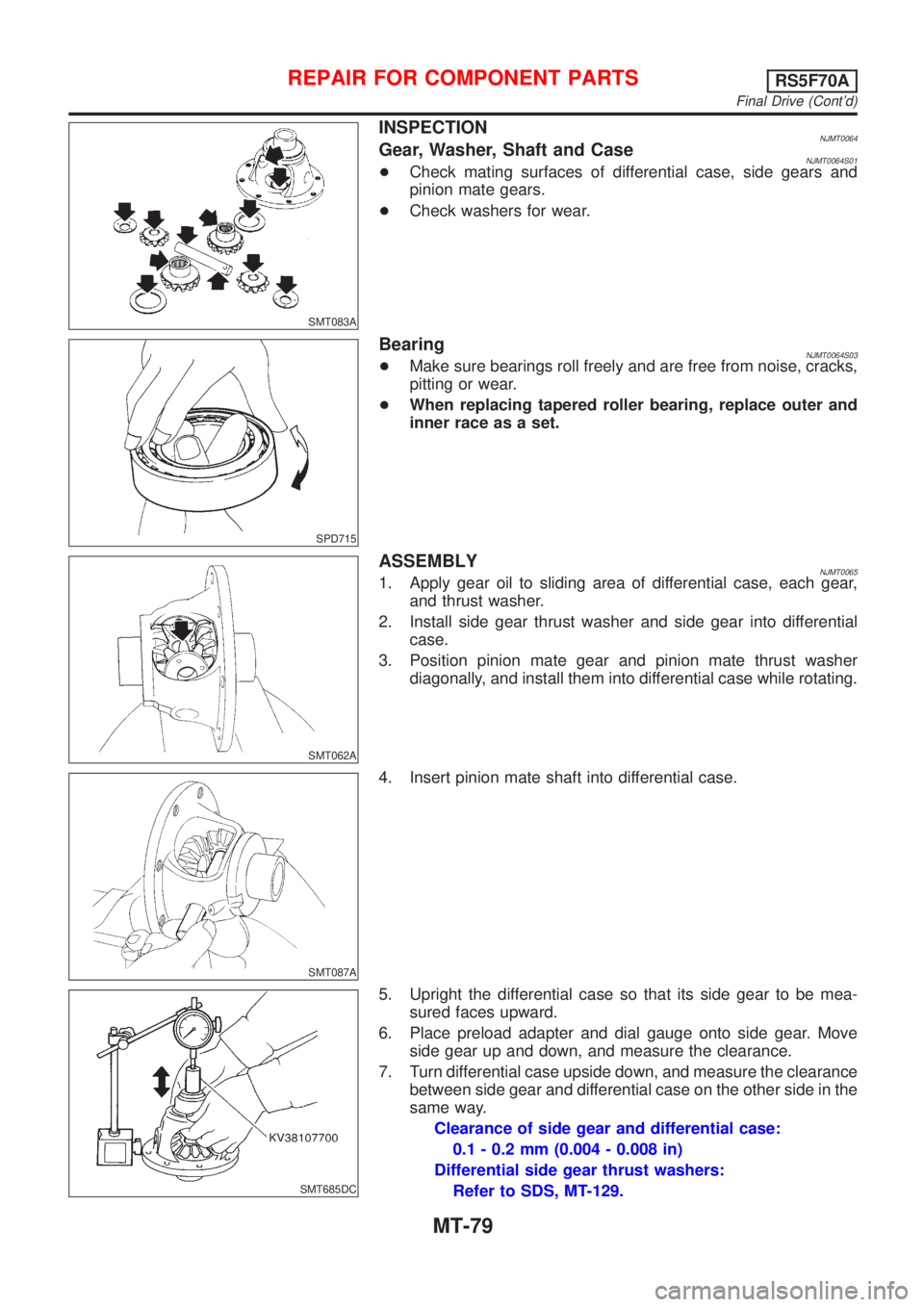 NISSAN ALMERA 2001 Service Manual SMT083A
INSPECTIONNJMT0064Gear, Washer, Shaft and CaseNJMT0064S01+Check mating surfaces of differential case, side gears and
pinion mate gears.
+Check washers for wear.
SPD715
BearingNJMT0064S03+Make NISSAN ALMERA 2001 Service Manual SMT083A
INSPECTIONNJMT0064Gear, Washer, Shaft and CaseNJMT0064S01+Check mating surfaces of differential case, side gears and
pinion mate gears.
+Check washers for wear.
SPD715
BearingNJMT0064S03+Make
