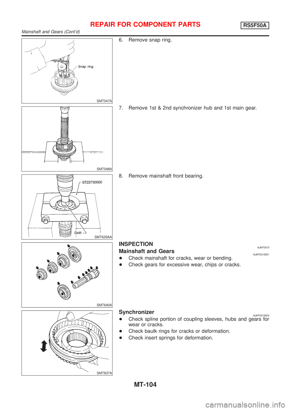 NISSAN ALMERA 2001  Service Manual SMT047A
6. Remove snap ring.
SMT048A
7. Remove 1st & 2nd synchronizer hub and 1st main gear.
SMT639AA
8. Remove mainshaft front bearing.
SMT640A
INSPECTIONNJMT0015Mainshaft and GearsNJMT0015S01+Check 
