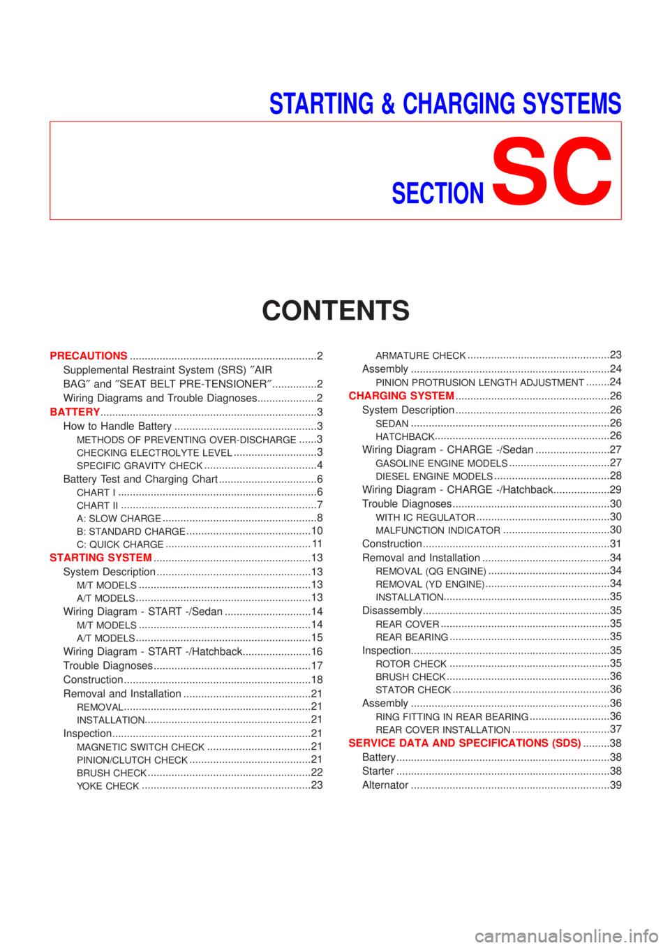 NISSAN ALMERA 2001 Service Manual STARTING & CHARGING SYSTEMS
SECTION
SC
CONTENTS
PRECAUTIONS...............................................................2
Supplemental Restraint System (SRS)²AIR
BAG²and²SEAT BELT PRE-TENSIONER² NISSAN ALMERA 2001 Service Manual STARTING & CHARGING SYSTEMS
SECTION
SC
CONTENTS
PRECAUTIONS...............................................................2
Supplemental Restraint System (SRS)²AIR
BAG²and²SEAT BELT PRE-TENSIONER²