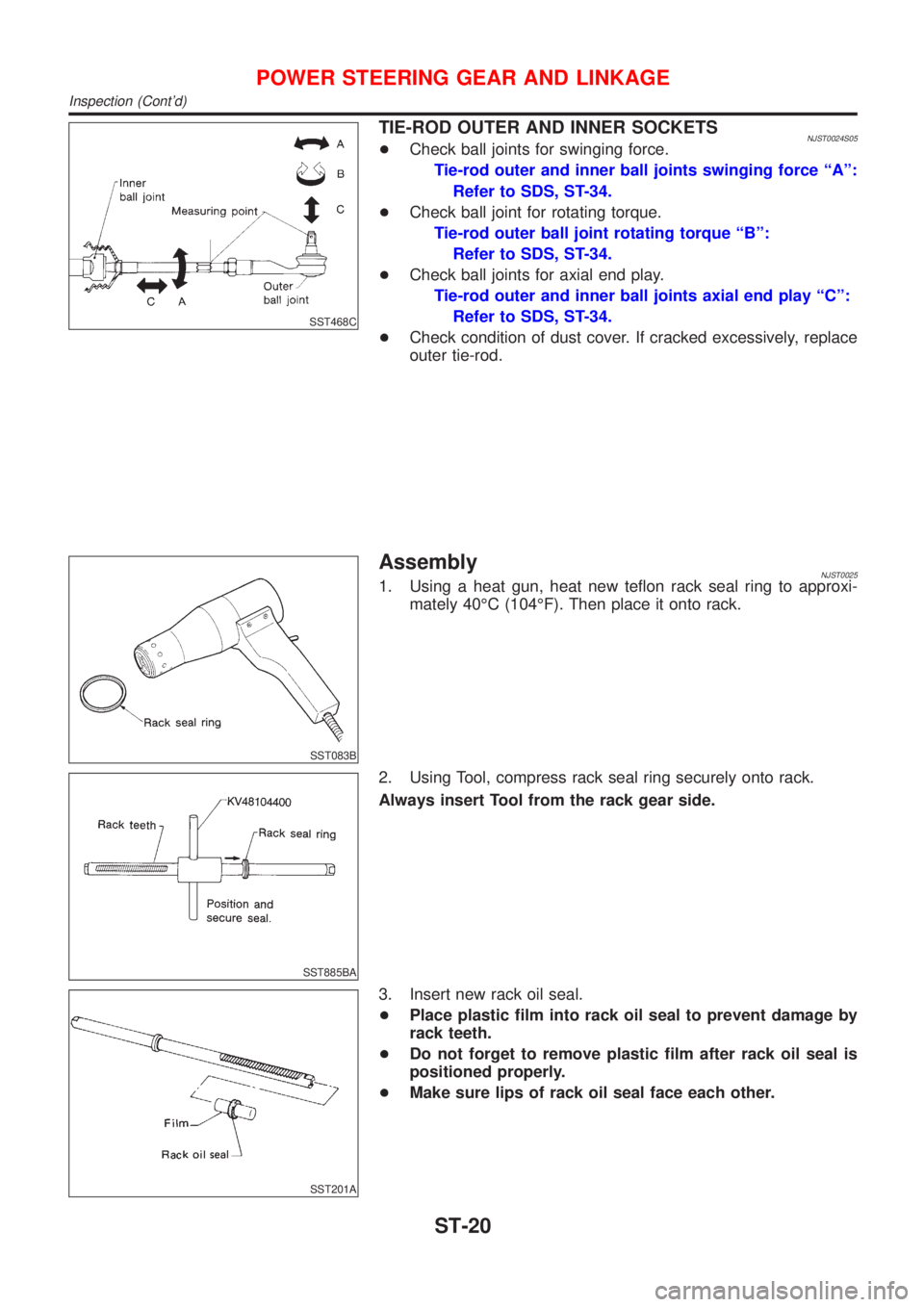 NISSAN ALMERA 2001  Service Manual SST468C
TIE-ROD OUTER AND INNER SOCKETSNJST0024S05+Check ball joints for swinging force.
Tie-rod outer and inner ball joints swinging force ªAº:
Refer to SDS, ST-34.
+Check ball joint for rotating t