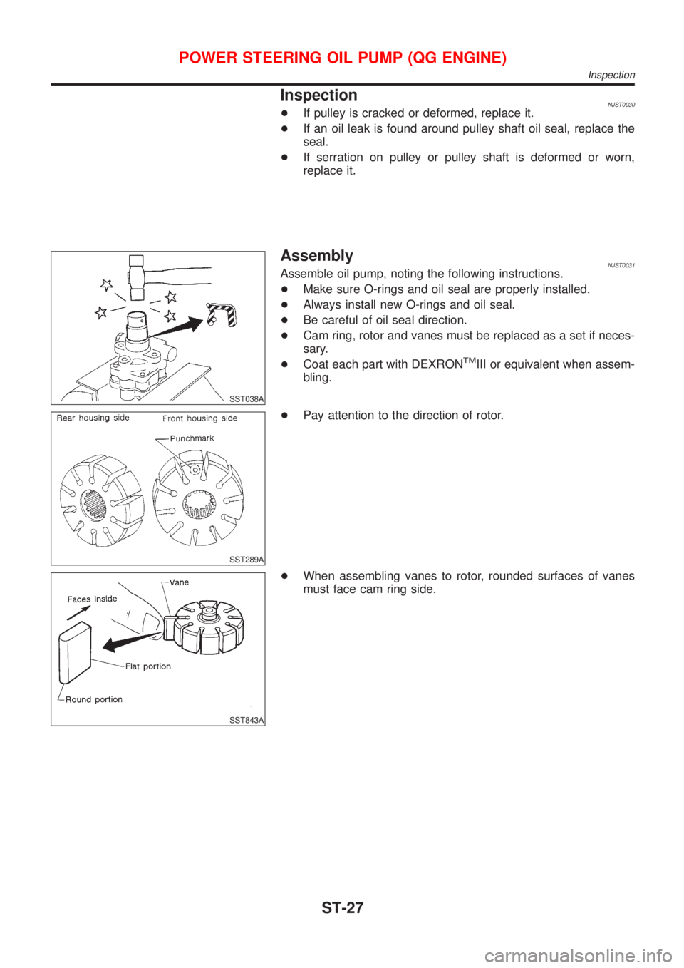 NISSAN ALMERA 2001  Service Manual InspectionNJST0030+If pulley is cracked or deformed, replace it.
+If an oil leak is found around pulley shaft oil seal, replace the
seal.
+If serration on pulley or pulley shaft is deformed or worn,
r