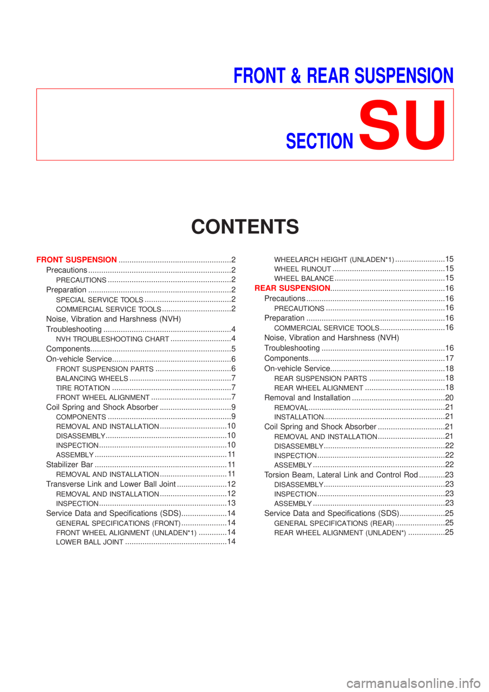 NISSAN ALMERA 2001  Service Manual FRONT & REAR SUSPENSION
SECTION
SU
CONTENTS
FRONT SUSPENSION....................................................2
Precautions ..................................................................2
PRECAU