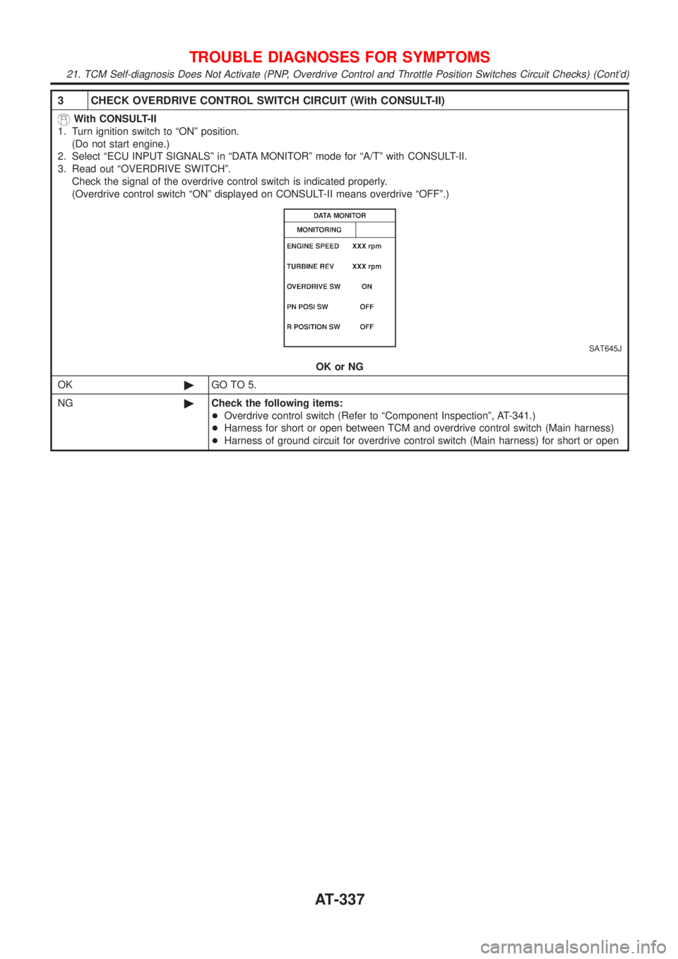 NISSAN ALMERA 2001  Service Manual 3 CHECK OVERDRIVE CONTROL SWITCH CIRCUIT (With CONSULT-II)
With CONSULT-II
1. Turn ignition switch to ªONº position.
(Do not start engine.)
2. Select ªECU INPUT SIGNALSº in ªDATA MONITORº mode f