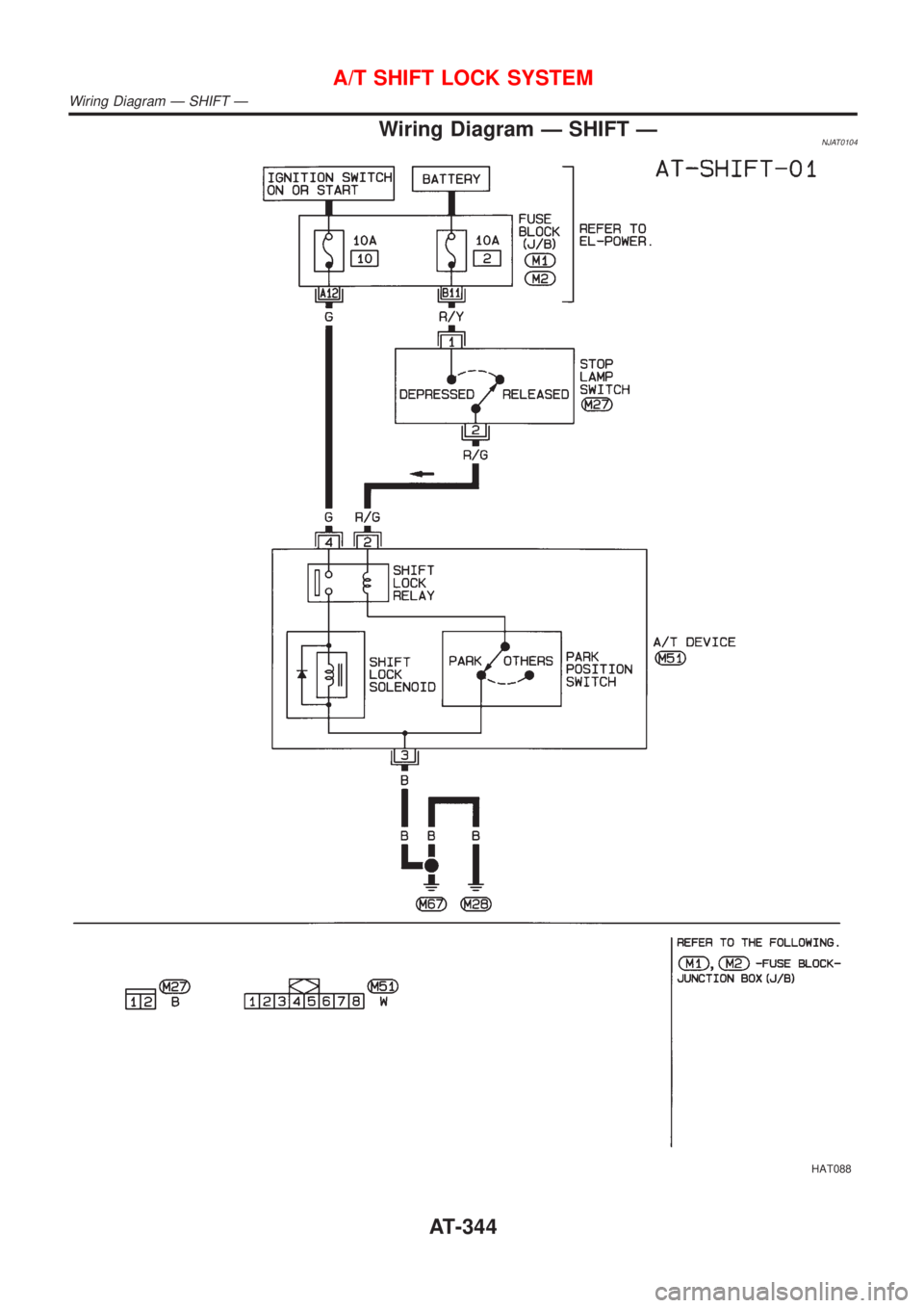 NISSAN ALMERA 2001  Service Manual Wiring Diagram Ð SHIFT ÐNJAT0104
HAT088
A/T SHIFT LOCK SYSTEM
Wiring Diagram Ð SHIFT Ð
AT-344 
