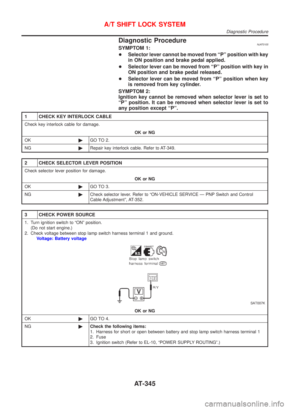 NISSAN ALMERA 2001  Service Manual Diagnostic ProcedureNJAT0105SYMPTOM 1:
+Selector lever cannot be moved from ªPº position with key
in ON position and brake pedal applied.
+Selector lever can be moved from ªPº position with key in