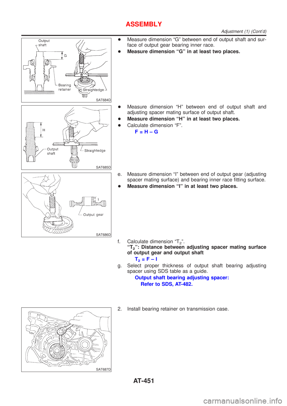 NISSAN ALMERA 2001  Service Manual SAT684D
+Measure dimension ªGº between end of output shaft and sur-
face of output gear bearing inner race.
+Measure dimension ªGº in at least two places.
SAT685D
+Measure dimension ªHº between 