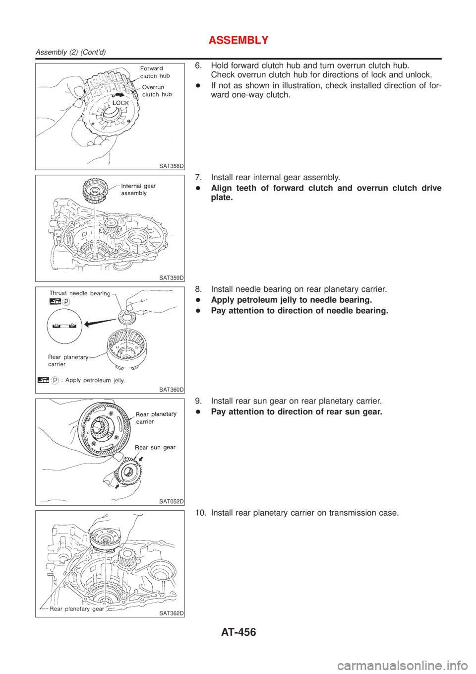 NISSAN ALMERA 2001  Service Manual SAT358D
6. Hold forward clutch hub and turn overrun clutch hub.
Check overrun clutch hub for directions of lock and unlock.
+If not as shown in illustration, check installed direction of for-
ward one