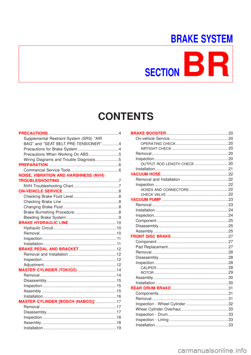 NISSAN ALMERA 2001  Service Manual BRAKE SYSTEM
SECTION
BR
CONTENTS
PRECAUTIONS...............................................................4
Supplemental Restraint System (SRS)²AIR
BAG²and²SEAT BELT PRE-TENSIONER²...............