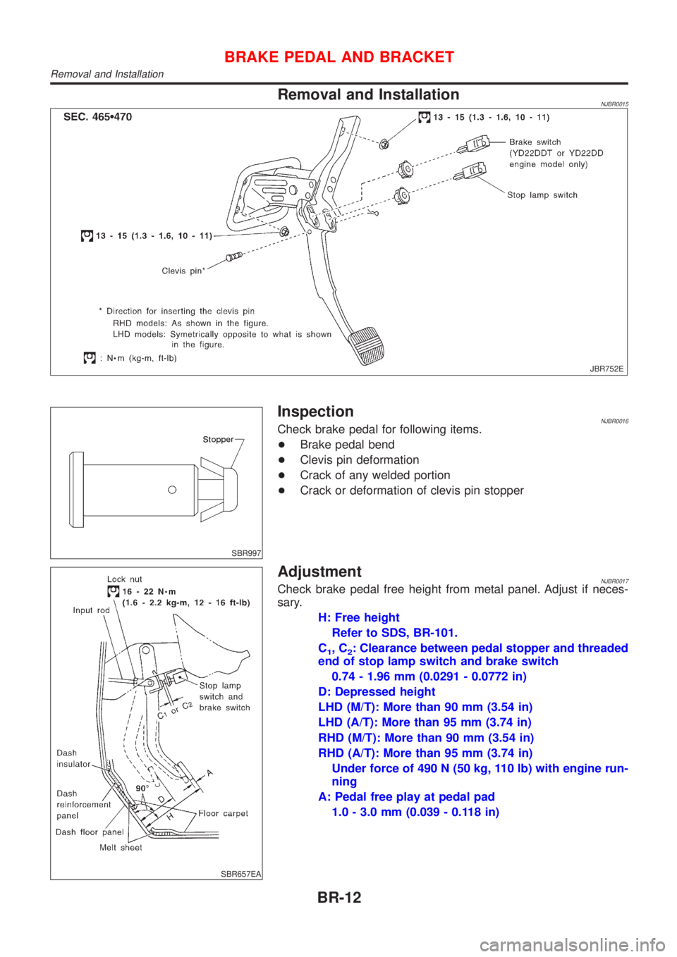NISSAN ALMERA 2001  Service Manual Removal and InstallationNJBR0015
JBR752E
SBR997
InspectionNJBR0016Check brake pedal for following items.
+Brake pedal bend
+Clevis pin deformation
+Crack of any welded portion
+Crack or deformation of