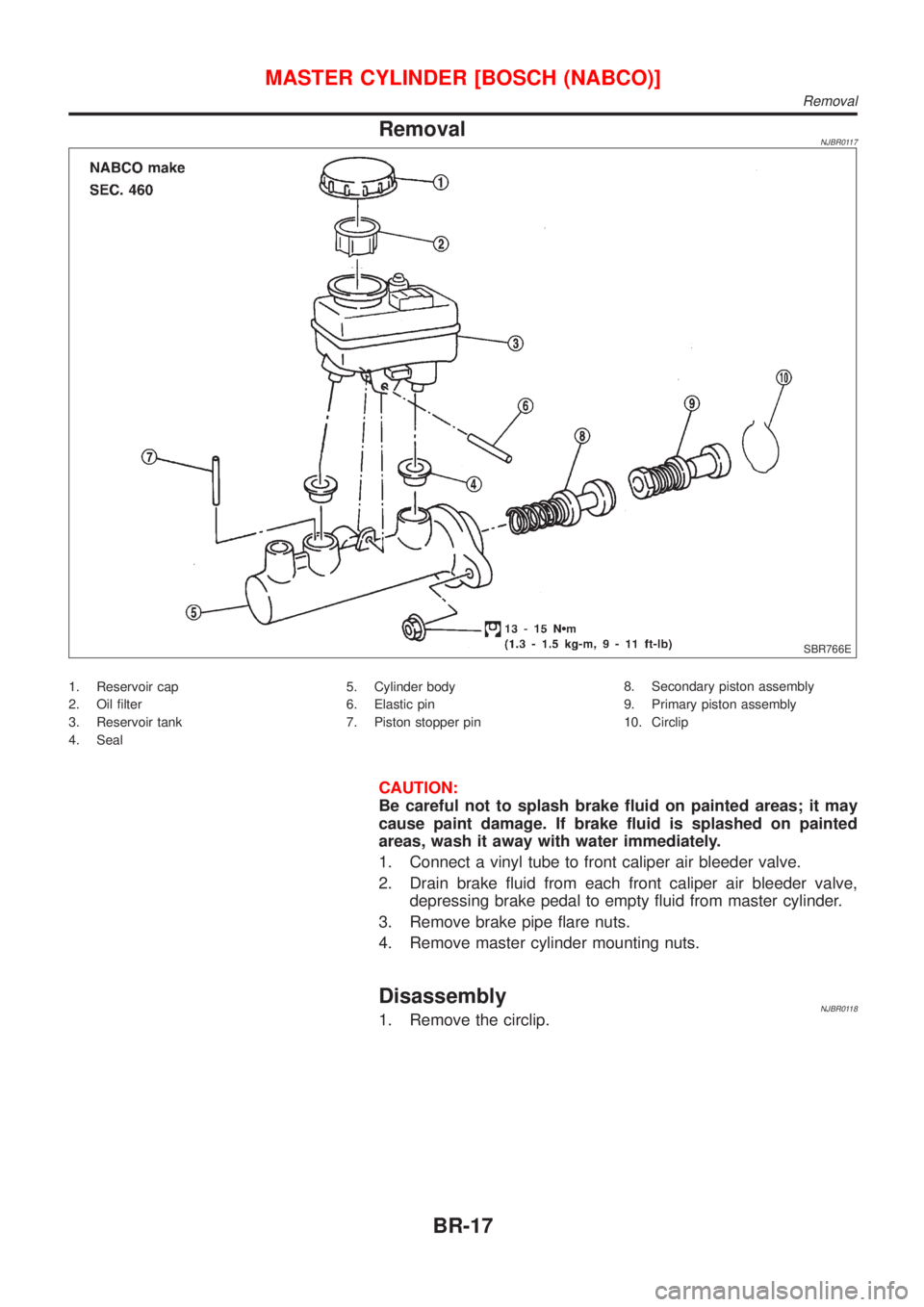 NISSAN ALMERA 2001  Service Manual RemovalNJBR0117
SBR766E
1. Reservoir cap
2. Oil filter
3. Reservoir tank
4. Seal5. Cylinder body
6. Elastic pin
7. Piston stopper pin8. Secondary piston assembly
9. Primary piston assembly
10. Circlip