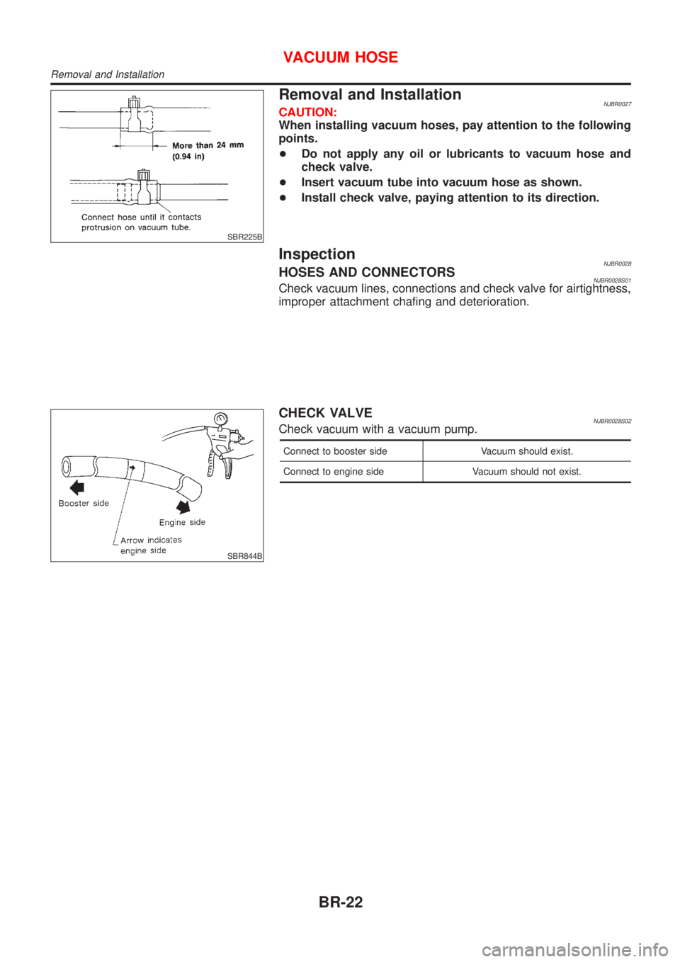 NISSAN ALMERA 2001  Service Manual SBR225B
Removal and InstallationNJBR0027CAUTION:
When installing vacuum hoses, pay attention to the following
points.
+Do not apply any oil or lubricants to vacuum hose and
check valve.
+Insert vacuum