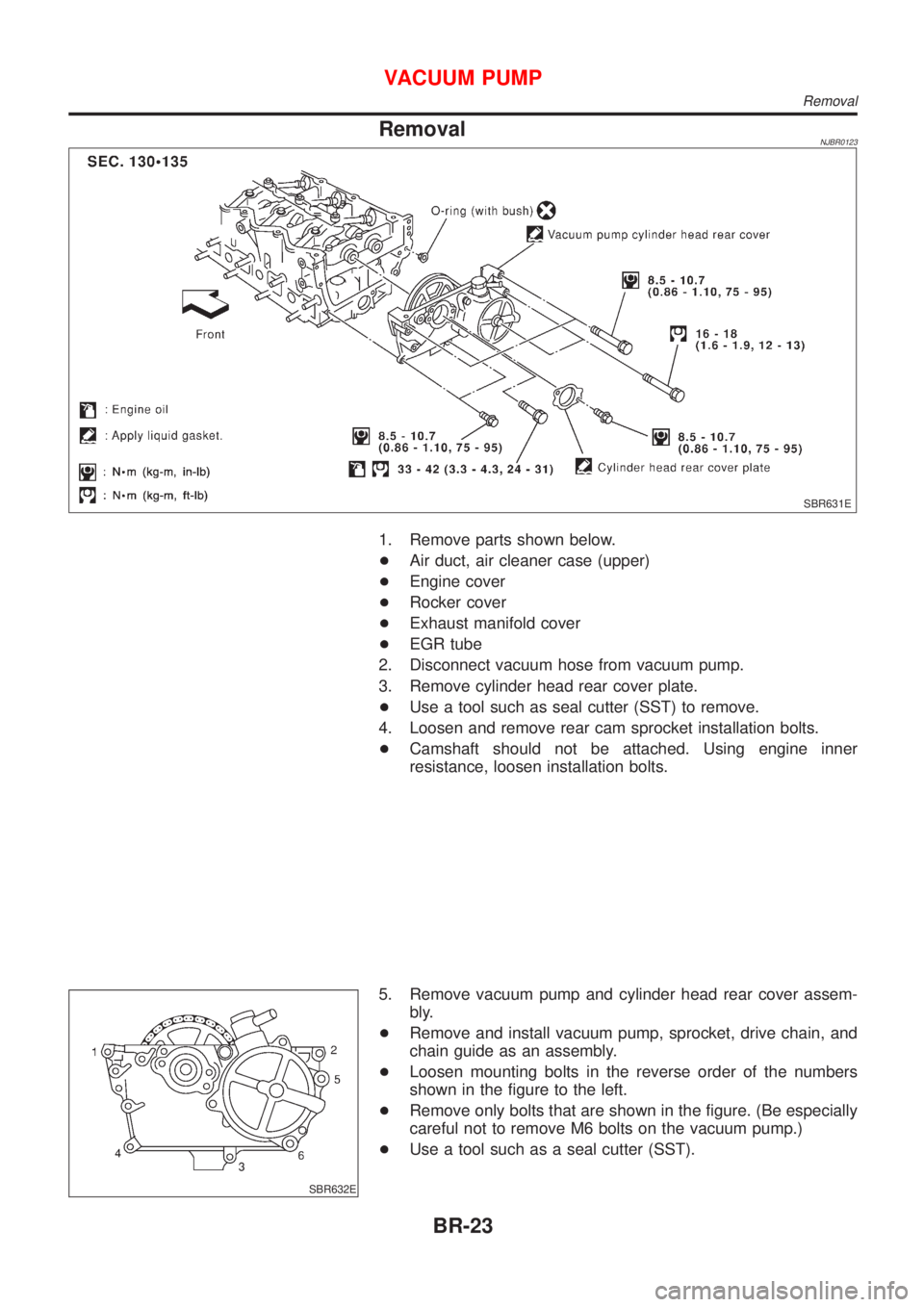 NISSAN ALMERA 2001  Service Manual RemovalNJBR0123
SBR631E
1. Remove parts shown below.
+Air duct, air cleaner case (upper)
+Engine cover
+Rocker cover
+Exhaust manifold cover
+EGR tube
2. Disconnect vacuum hose from vacuum pump.
3. Re