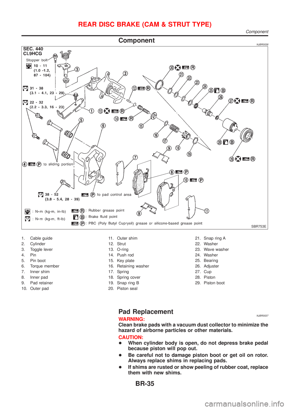NISSAN ALMERA 2001  Service Manual ComponentNJBR0038
SBR753E
1. Cable guide
2. Cylinder
3. Toggle lever
4. Pin
5. Pin boot
6. Torque member
7. Inner shim
8. Inner pad
9. Pad retainer
10. Outer pad11. Outer shim
12. Strut
13. O-ring
14.