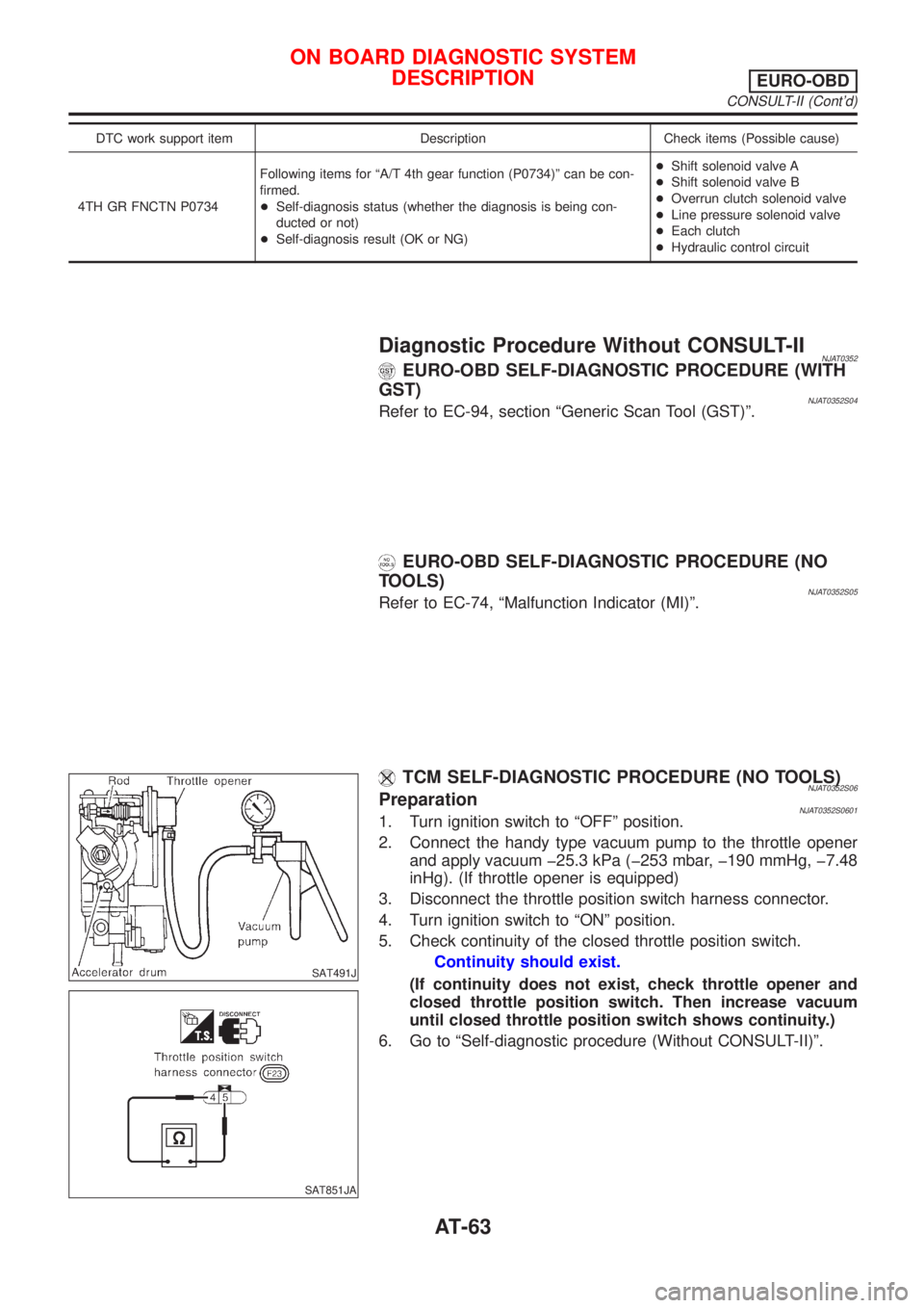 NISSAN ALMERA 2001 Service Manual DTC work support item Description Check items (Possible cause)
4TH GR FNCTN P0734Following items for ªA/T 4th gear function (P0734)º can be con-
firmed.
+Self-diagnosis status (whether the diagnosis NISSAN ALMERA 2001 Service Manual DTC work support item Description Check items (Possible cause)
4TH GR FNCTN P0734Following items for ªA/T 4th gear function (P0734)º can be con-
firmed.
+Self-diagnosis status (whether the diagnosis