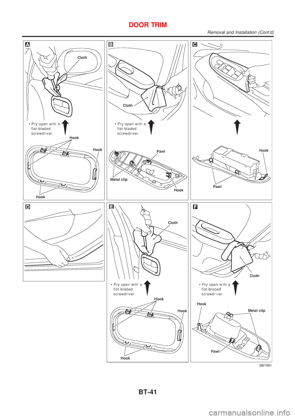 NISSAN ALMERA 2001  Service Manual SBT991
DOOR TRIM
Removal and Installation (Contd)
BT-41 