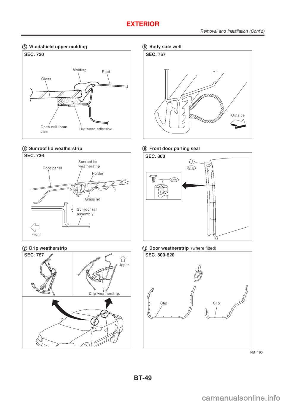 NISSAN ALMERA 2001  Service Manual NBT190
EXTERIOR
Removal and Installation (Contd)
BT-49 