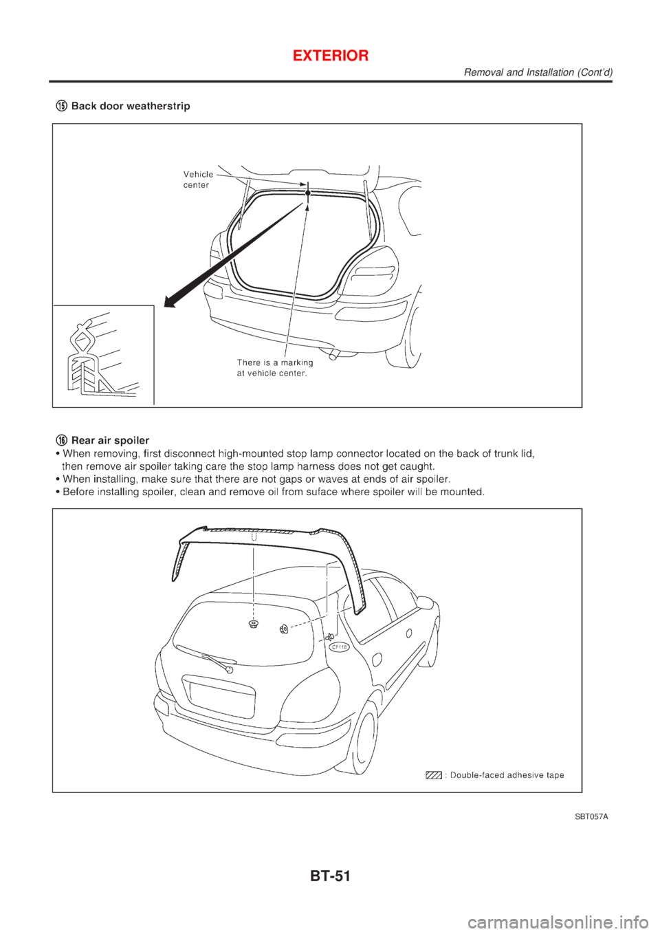 NISSAN ALMERA 2001  Service Manual SBT057A
EXTERIOR
Removal and Installation (Contd)
BT-51 