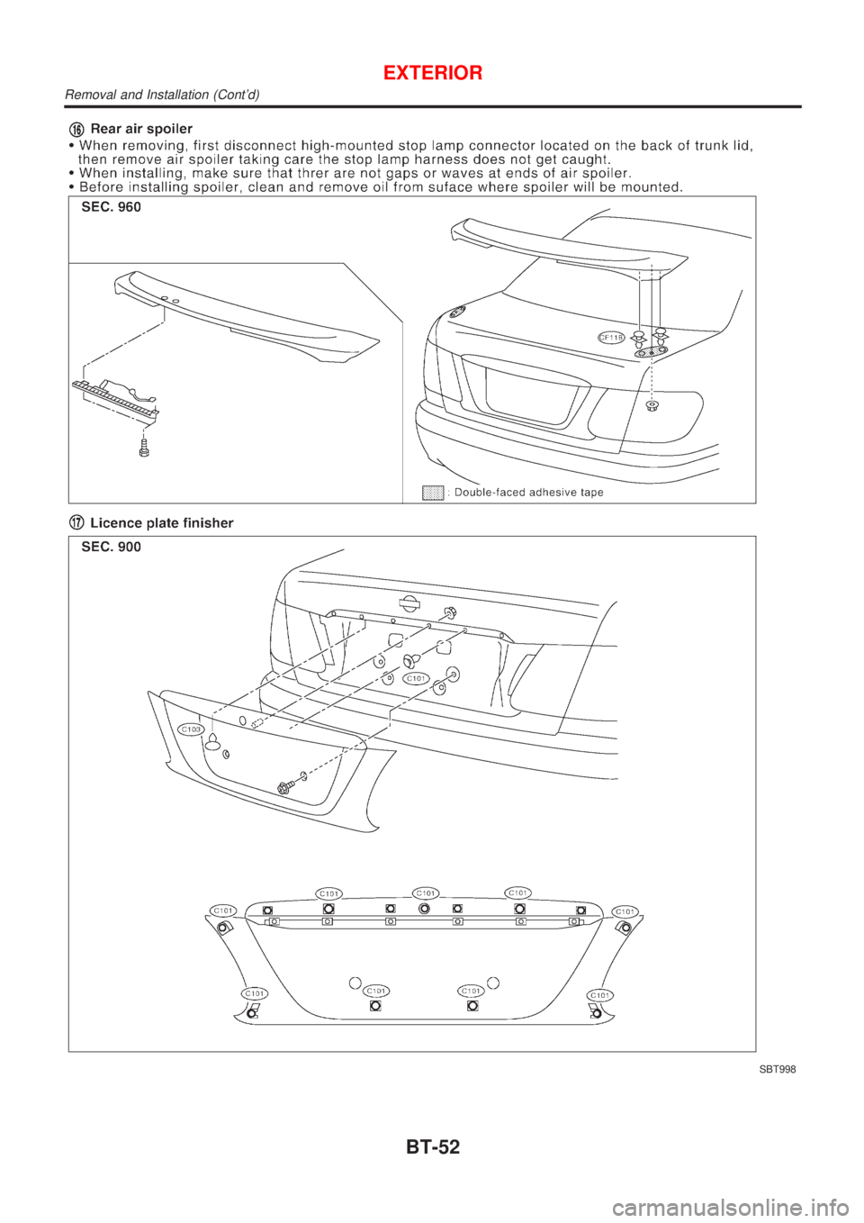 NISSAN ALMERA 2001  Service Manual SBT998
EXTERIOR
Removal and Installation (Contd)
BT-52 