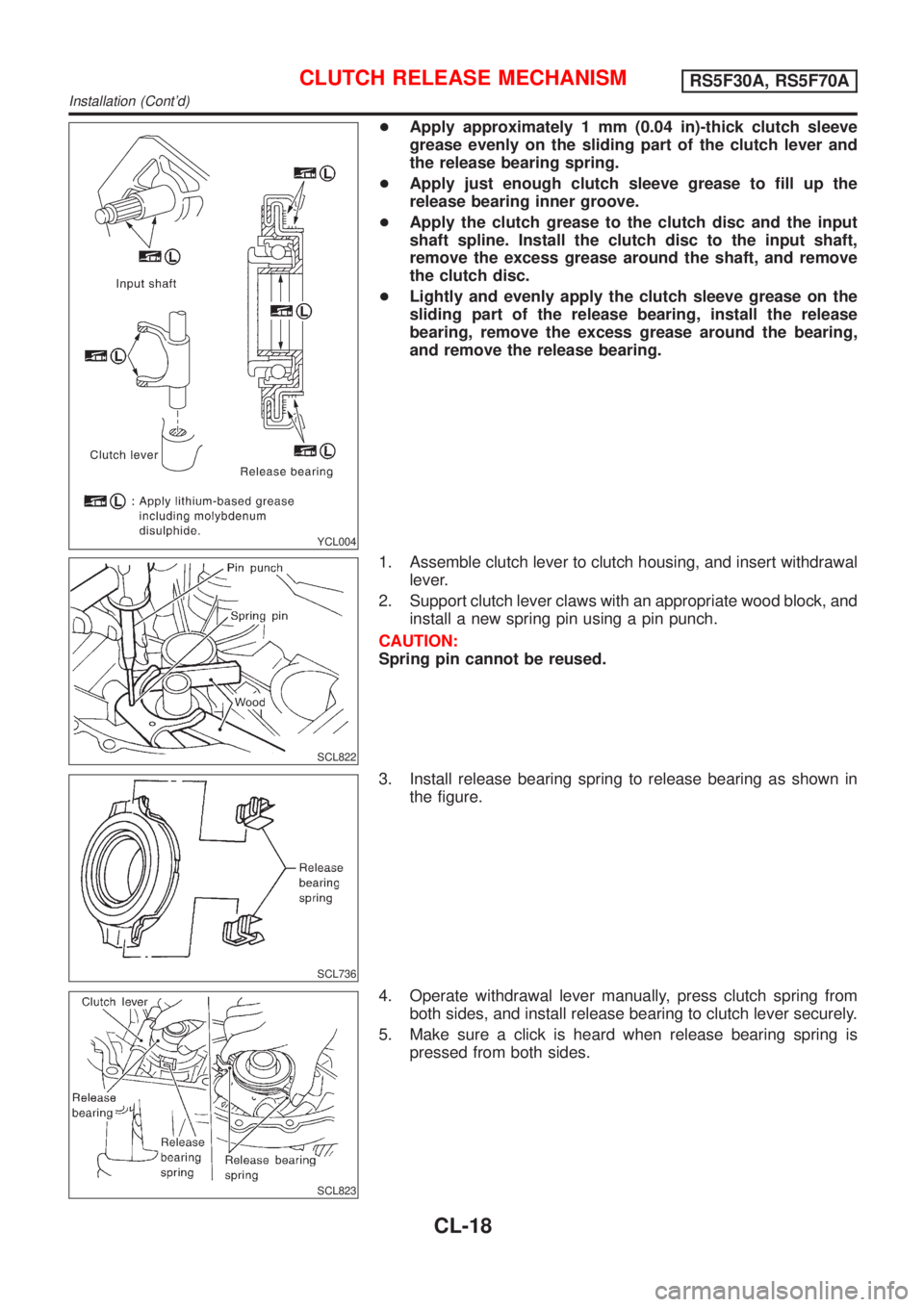 NISSAN ALMERA 2001  Service Manual YCL004
+Apply approximately 1 mm (0.04 in)-thick clutch sleeve
grease evenly on the sliding part of the clutch lever and
the release bearing spring.
+Apply just enough clutch sleeve grease to fill up 