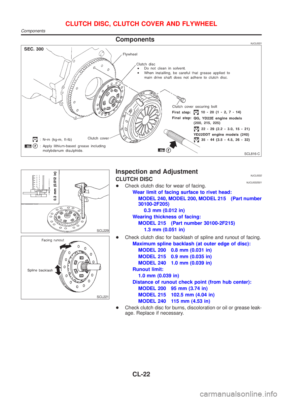 NISSAN ALMERA 2001  Service Manual ComponentsNJCL0031
SCL816-C
SCL229
Inspection and AdjustmentNJCL0032CLUTCH DISCNJCL0032S01+Check clutch disc for wear of facing.
Wear limit of facing surface to rivet head:
MODEL 240, MODEL 200, MODEL