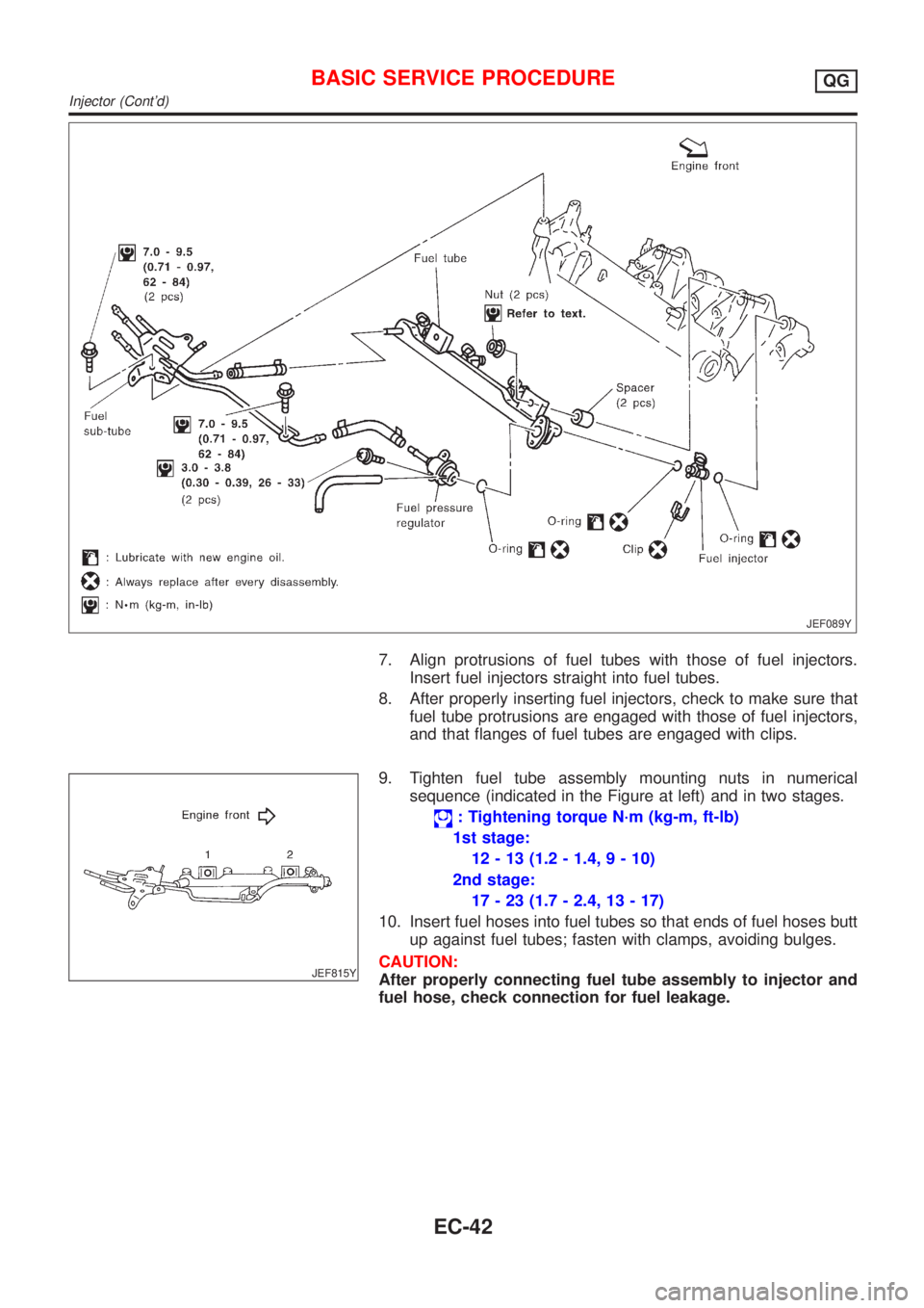 NISSAN ALMERA 2001  Service Manual JEF089Y
7. Align protrusions of fuel tubes with those of fuel injectors.
Insert fuel injectors straight into fuel tubes.
8. After properly inserting fuel injectors, check to make sure that
fuel tube p