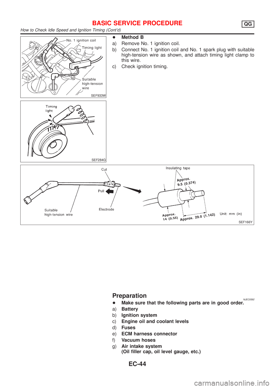 NISSAN ALMERA 2001  Service Manual SEF933W
SEF284G
+Method B
a) Remove No. 1 ignition coil.
b) Connect No. 1 ignition coil and No. 1 spark plug with suitable
high-tension wire as shown, and attach timing light clamp to
this wire.
c) Ch