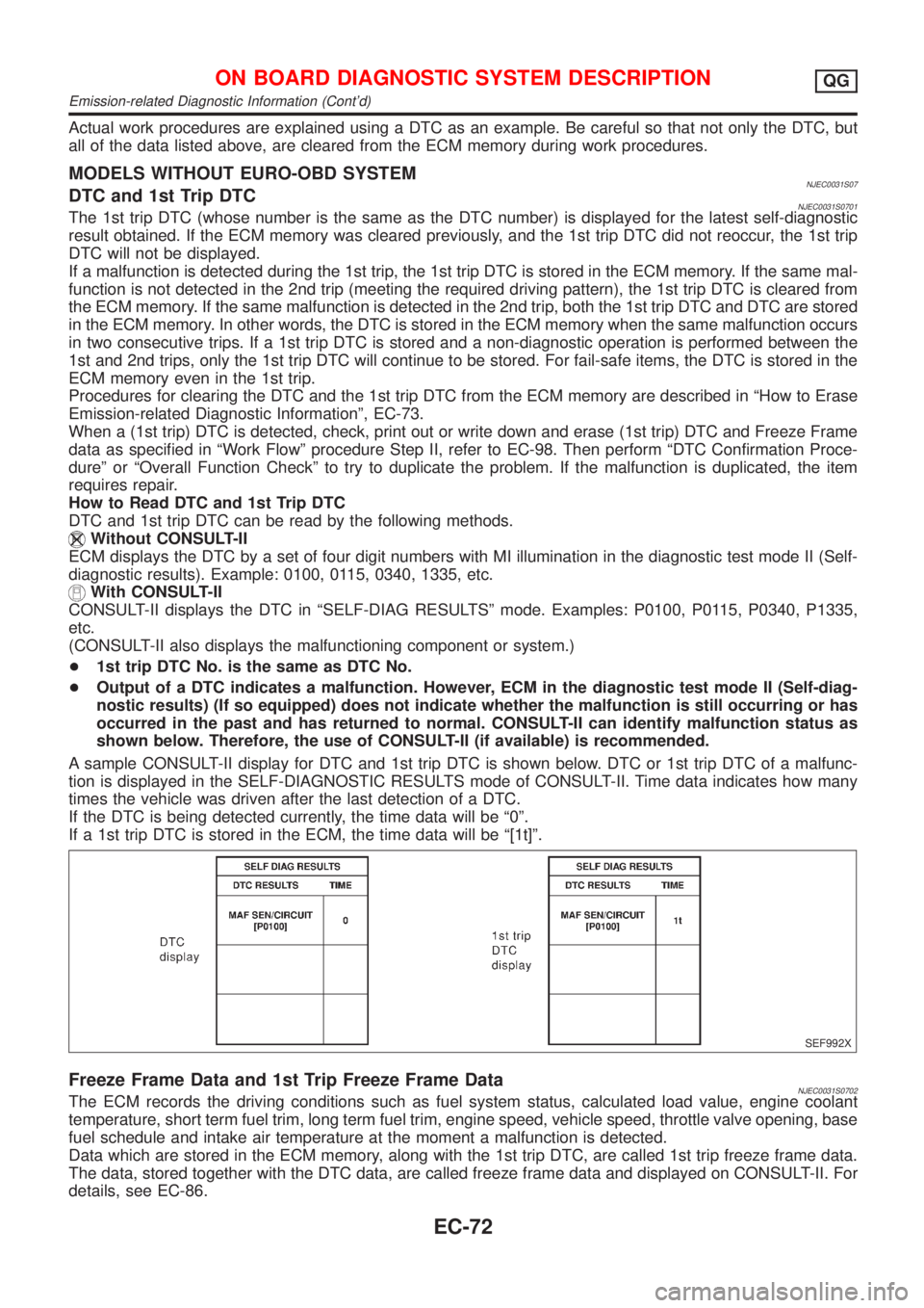 NISSAN ALMERA 2001  Service Manual Actual work procedures are explained using a DTC as an example. Be careful so that not only the DTC, but
all of the data listed above, are cleared from the ECM memory during work procedures.
MODELS WI