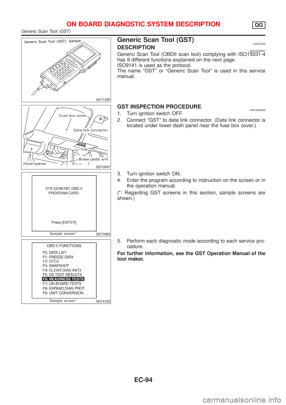 NISSAN ALMERA 2001  Service Manual SEF139P
Generic Scan Tool (GST)=NJEC0035DESCRIPTIONNJEC0035S01Generic Scan Tool (OBDII scan tool) complying with ISO15031-4
has 9 different functions explained on the next page.
ISO9141 is used as the