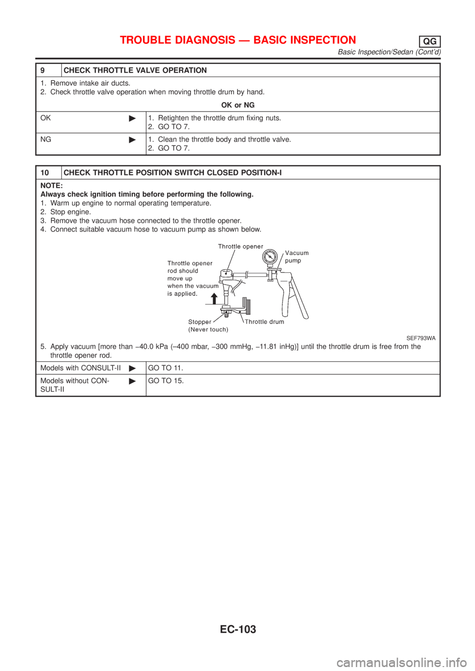 NISSAN ALMERA 2001  Service Manual 9 CHECK THROTTLE VALVE OPERATION
1. Remove intake air ducts.
2. Check throttle valve operation when moving throttle drum by hand.
OK or NG
OK©1. Retighten the throttle drum fixing nuts.
2. GO TO 7.
N