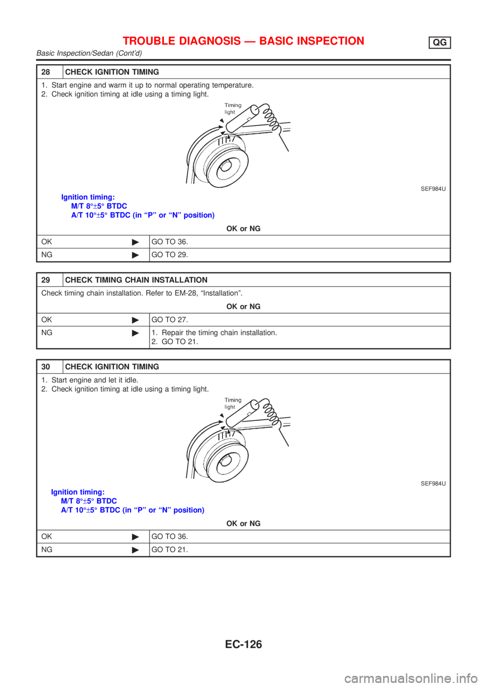 NISSAN ALMERA 2001  Service Manual 28 CHECK IGNITION TIMING
1. Start engine and warm it up to normal operating temperature.
2. Check ignition timing at idle using a timing light.
SEF984U
Ignition timing:
M/T 8É±5É BTDC
A/T 10É±5É