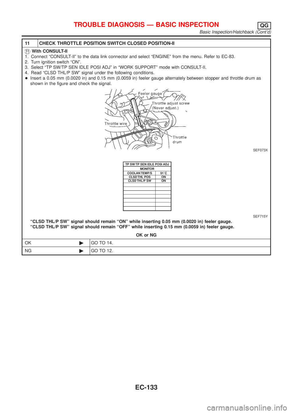 NISSAN ALMERA 2001  Service Manual 11 CHECK THROTTLE POSITION SWITCH CLOSED POSITION-II
With CONSULT-II
1. Connect ªCONSULT-IIº to the data link connector and select ªENGINEº from the menu. Refer to EC-83.
2. Turn ignition switch 