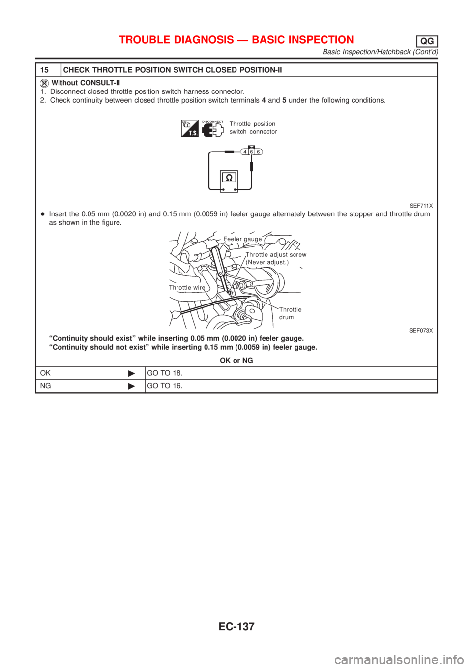 NISSAN ALMERA 2001  Service Manual 15 CHECK THROTTLE POSITION SWITCH CLOSED POSITION-II
Without CONSULT-II
1. Disconnect closed throttle position switch harness connector.
2. Check continuity between closed throttle position switch ter