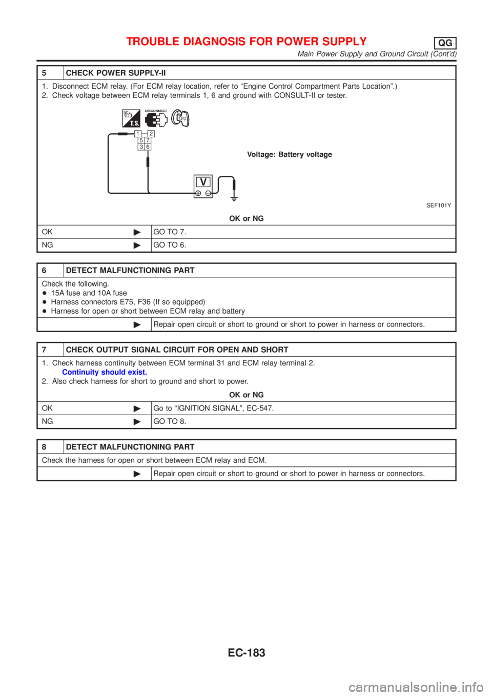NISSAN ALMERA 2001 Service Manual 5 CHECK POWER SUPPLY-II
1. Disconnect ECM relay. (For ECM relay location, refer to ªEngine Control Compartment Parts Locationº.)
2. Check voltage between ECM relay terminals 1, 6 and ground with CON NISSAN ALMERA 2001 Service Manual 5 CHECK POWER SUPPLY-II
1. Disconnect ECM relay. (For ECM relay location, refer to ªEngine Control Compartment Parts Locationº.)
2. Check voltage between ECM relay terminals 1, 6 and ground with CON