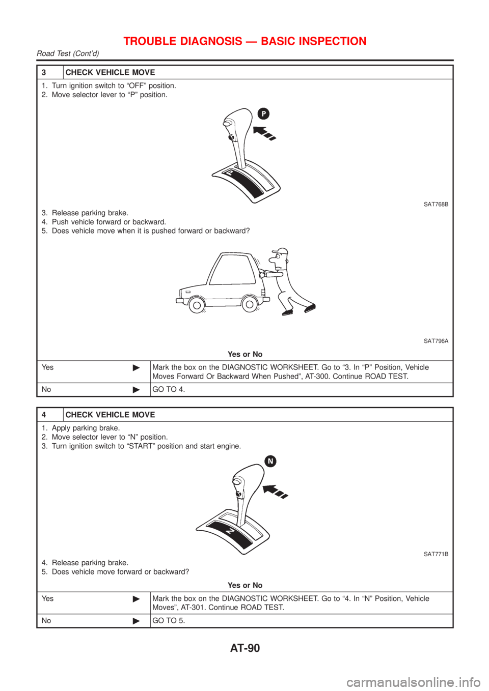 NISSAN ALMERA 2001  Service Manual 3 CHECK VEHICLE MOVE
1. Turn ignition switch to ªOFFº position.
2. Move selector lever to ªPº position.
SAT768B
3. Release parking brake.
4. Push vehicle forward or backward.
5. Does vehicle move 