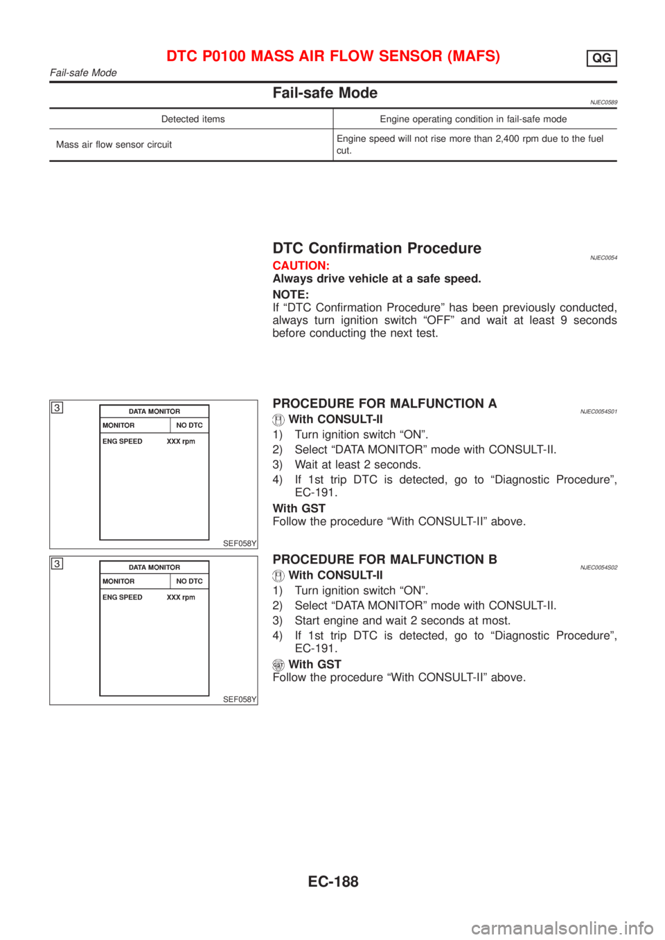NISSAN ALMERA 2001 Service Manual Fail-safe ModeNJEC0589
Detected items Engine operating condition in fail-safe mode
Mass air flow sensor circuitEngine speed will not rise more than 2,400 rpm due to the fuel
cut.
DTC Confirmation Proc NISSAN ALMERA 2001 Service Manual Fail-safe ModeNJEC0589
Detected items Engine operating condition in fail-safe mode
Mass air flow sensor circuitEngine speed will not rise more than 2,400 rpm due to the fuel
cut.
DTC Confirmation Proc