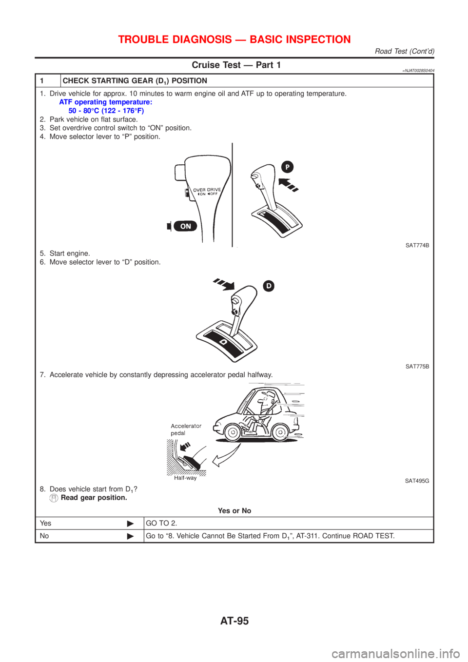 NISSAN ALMERA 2001  Service Manual Cruise Test Ð Part 1=NJAT0028S0404
1 CHECK STARTING GEAR (D1) POSITION
1. Drive vehicle for approx. 10 minutes to warm engine oil and ATF up to operating temperature.
ATF operating temperature:
50 - 