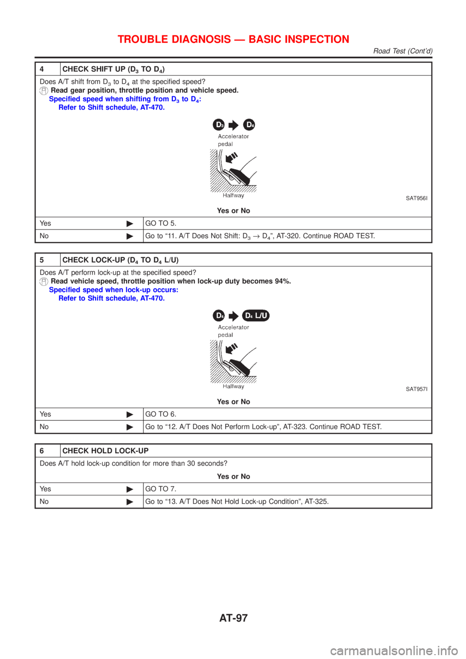 NISSAN ALMERA 2001  Service Manual 4 CHECK SHIFT UP (D3TO D4)
Does A/T shift from D3to D4at the specified speed?
Read gear position, throttle position and vehicle speed.
Specified speed when shifting from D
3to D4:
Refer to Shift sched