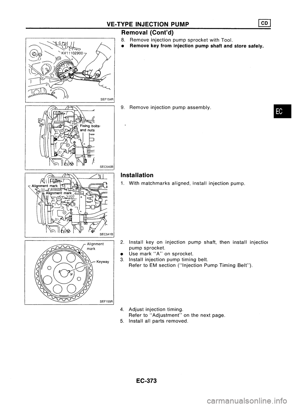 NISSAN ALMERA N15 1995  Service Manual VE-TVPEINJECTION PUMP ~
Removal (Cont'd)

8. Remove injection pumpsprocket withTool.

• Remove keyfrom injection pumpshaftandstore safely .

9. Remove injection pumpassembly.

Installation

1. W