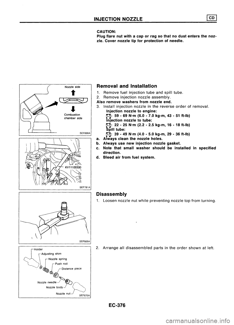 NISSAN ALMERA N15 1995  Service Manual 
Nozzleside
Combustion
chamber side

SEF668A
SEF781A
SEF669A

:S
older ~Adiusting shim

c:, 
Nozzlespring

~ '~[;{~I:,""' 
pi,",

Nozzle needle~~(''''-
Nozzle bOdyr