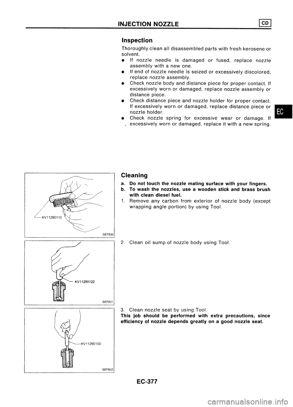 NISSAN ALMERA N15 1995  Service Manual SEF830INJECTION
NOZZLE
Inspection

Thoroughly cleanalldisassembled partswithfresh kerosene or
solvent.
• Ifnozzle needle isdamaged orfused, replace nozzle
assembly withanew one.
• Ifend ofnozzle n