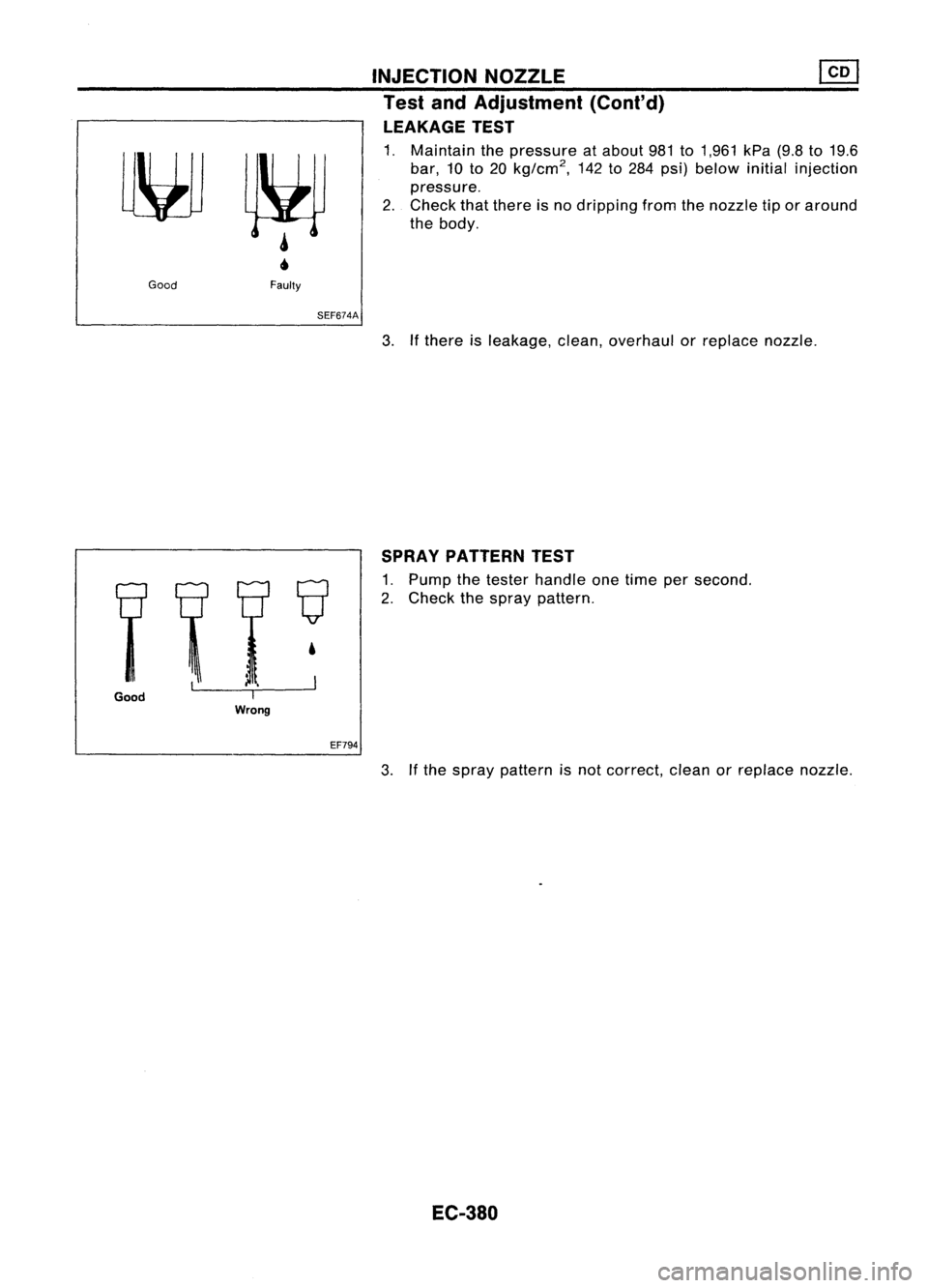 NISSAN ALMERA N15 1995  Service Manual INJECTIONNOZZLE ~
Test andAdjustment (Cont'd)
LEAKAGE TEST

1. Maintain thepressure atabout 981to1,961 kPa(9.8to19.6
bar, 10to20 kg/cm
2, 
142to284 psi) below initialinjection
pressure.
2. Check t