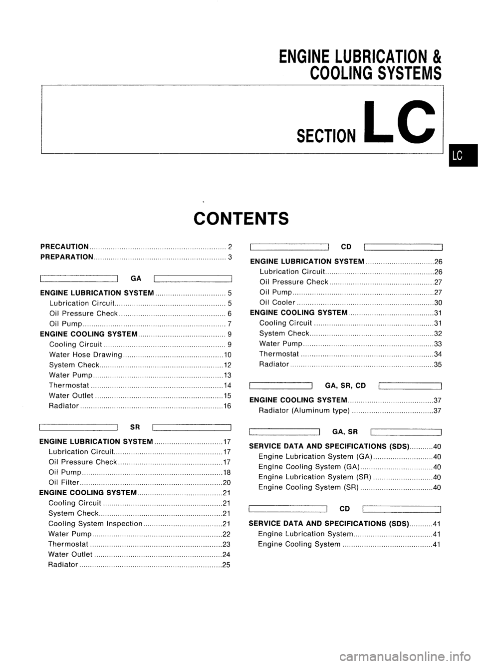 NISSAN ALMERA N15 1995 Service Manual
ENGINELUBRICATION
&
COOLING SYSTEMS
SECTION
LC
CONTENTS
•
PRECAUTION
2
PREPARATION
3
GA
ENGINE LUBRICATION SYSTEM
5
Lubrication Circuit.. 5
Oil Pressure Check 6
Oil Pump 7
ENGINE COOLIN NISSAN ALMERA N15 1995 Service Manual
ENGINELUBRICATION
&
COOLING SYSTEMS
SECTION
LC
CONTENTS
•
PRECAUTION
2
PREPARATION
3
GA
ENGINE LUBRICATION SYSTEM
5
Lubrication Circuit.. 5
Oil Pressure Check 6
Oil Pump 7
ENGINE COOLIN