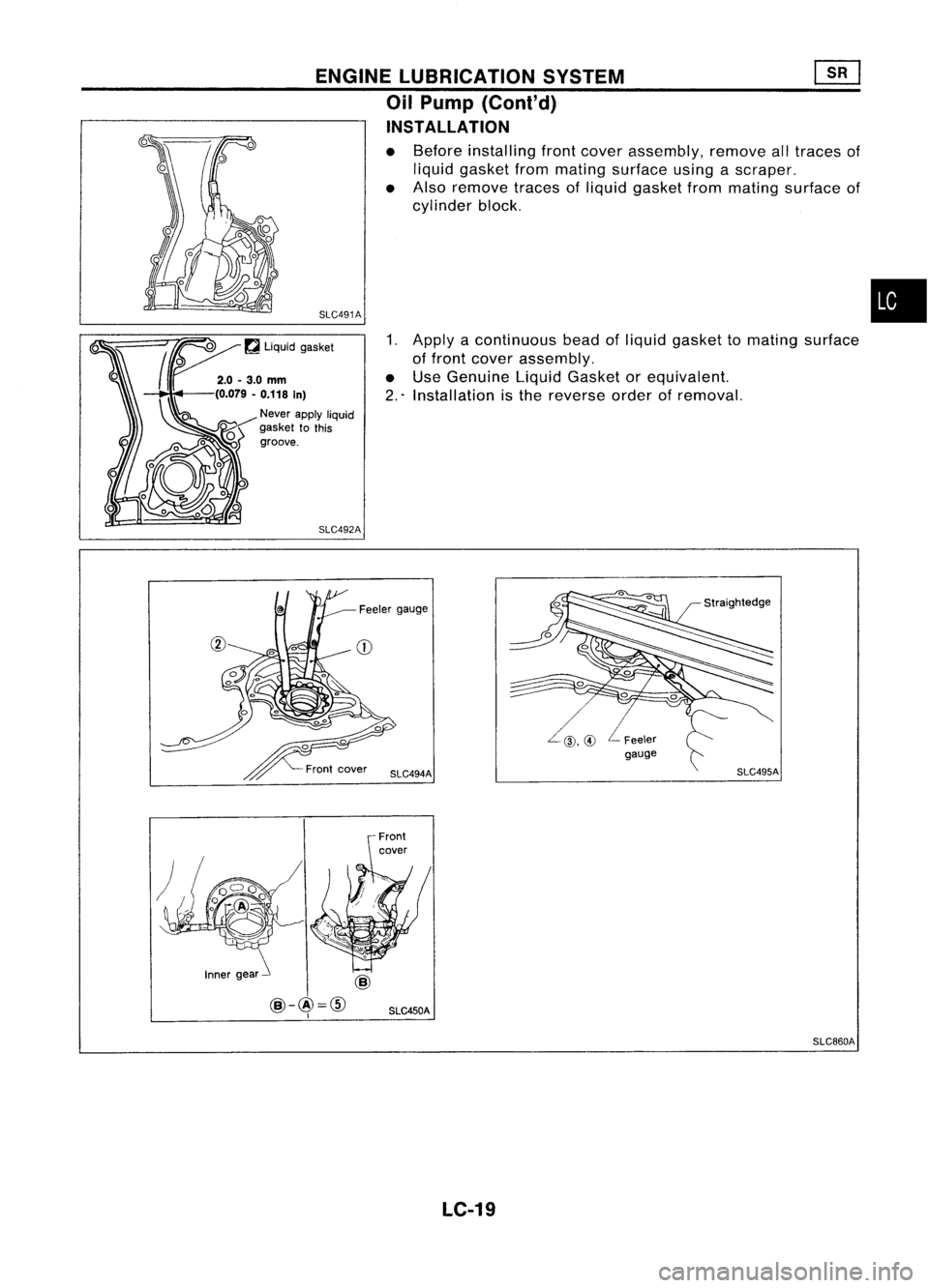 NISSAN ALMERA N15 1995  Service Manual 
•

Before
installing frontcover assembly, removealltraces of
liquid gasket frommating surface usingascraper.
Also remove tracesofliquid gasket frommating surface of
cylinder block.
1. Apply acontin