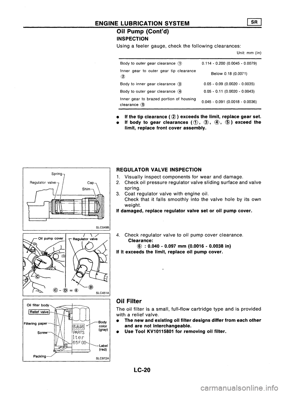NISSAN ALMERA N15 1995  Service Manual ENGINELUBRICATION SYSTEM
Oil Pump (Cont'd)
INSPECTION

Using afeeler gauge, checkthefollowing clearances:

Unit:mm(in)
Body toouter gearclearance 
G)

Inner geartoouter geartipclearance
@
Body toi