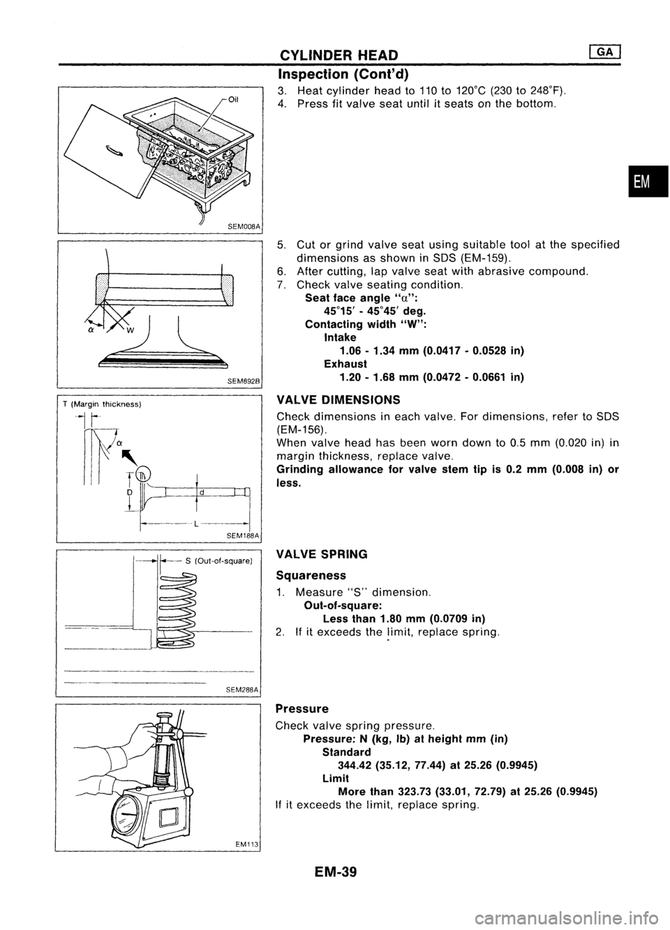 NISSAN ALMERA N15 1995  Service Manual 
T(Margin thickness)

--1,-

ml
a

III' ~

o

~- 
-L
d 
SEM8928

I
.\

SEM188A 
CYLINDER
HEAD

Inspection (Conl'd)

3. Heat cylinder headto110 to120°C (230to248°F).
4. Press fitvalve seatunt