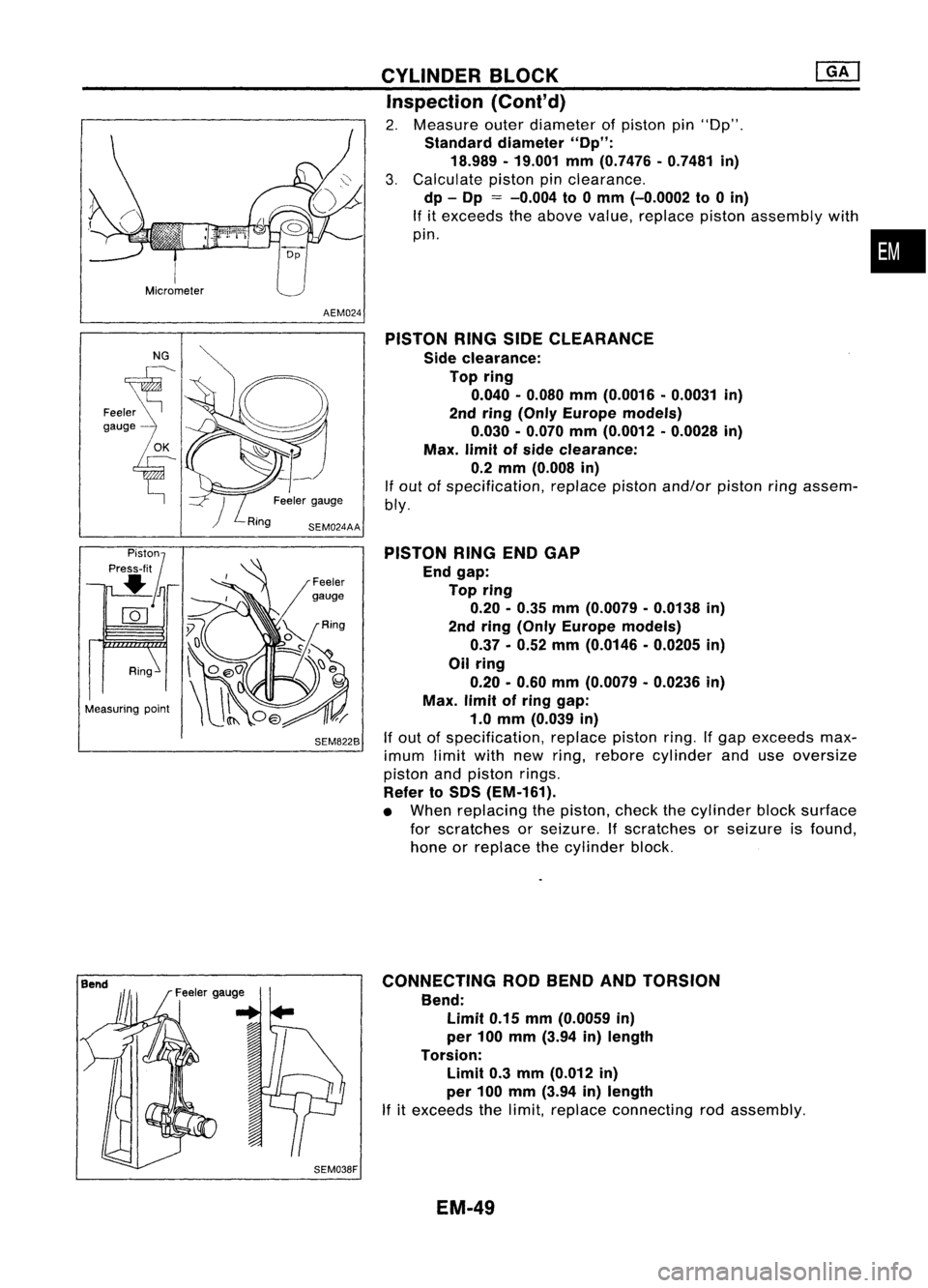 NISSAN ALMERA N15 1995  Service Manual 
I

Micrometer
AEM024CYLINDER
BLOCK ~

Inspection (Conl'd)

2. Measure outerdiameter ofpiston pin"Op".
Standard diameter "Op":
18.989 -19.001 mm(0.7476 -0.7481 in)
3. Calculate pis