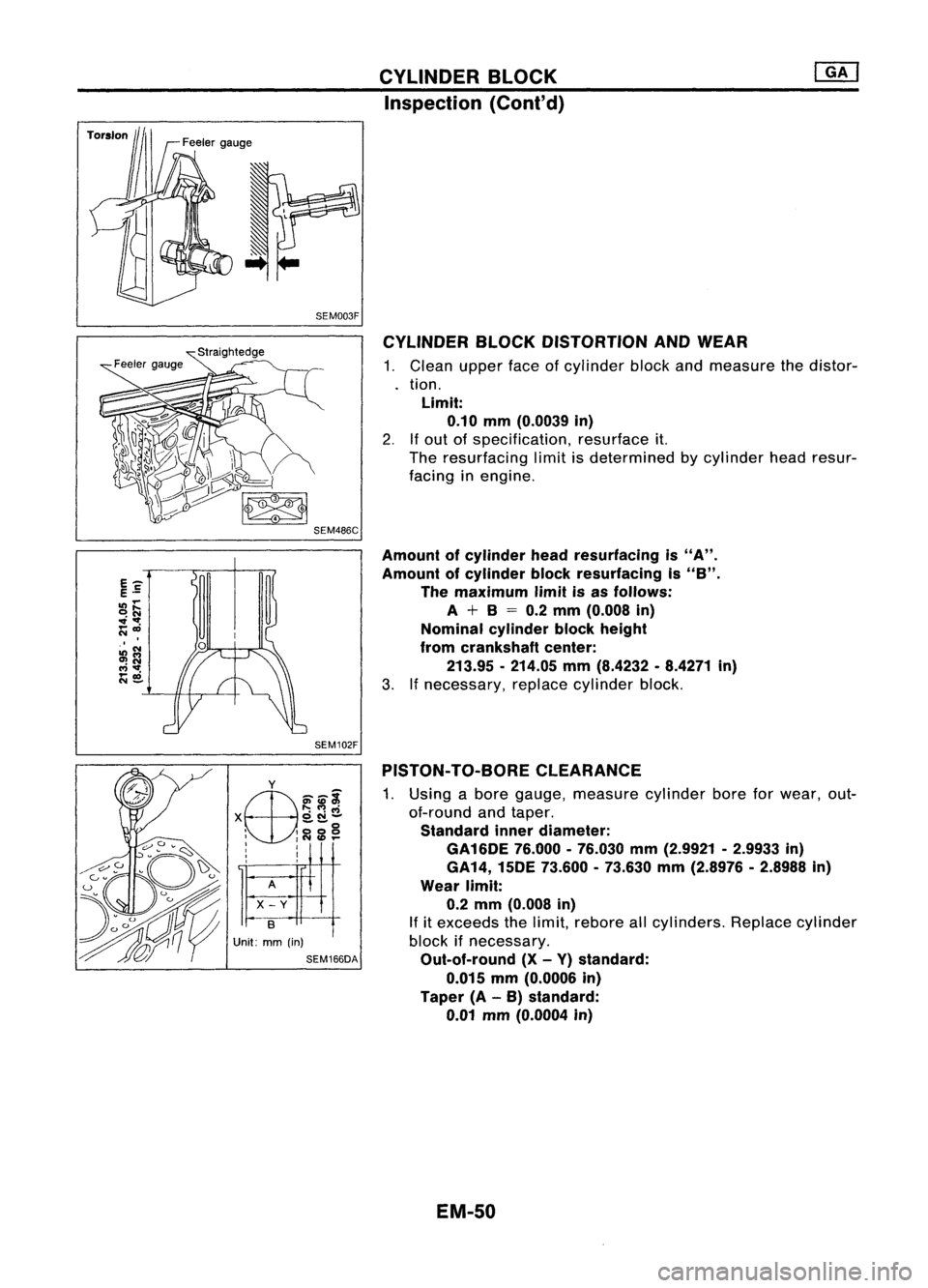 NISSAN ALMERA N15 1995  Service Manual SEM003FCYLINDER
BLOCK
Inspection (Cont'd)
Feeler gauge Straightedge
SEM102F

I 
I

,

,

!

,

A

X-V 
B
Unit: 
mm
(In)

SEM166DA CYLINDER
BLOCKDISTORTION ANDWEAR

1. Clean upperfaceofcylinder blo