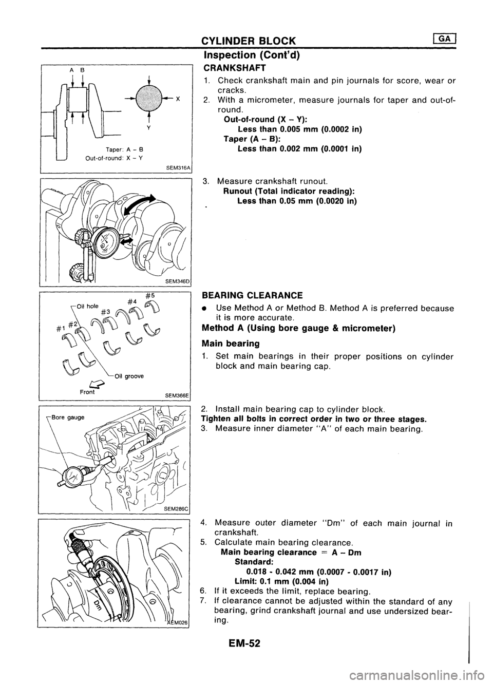 NISSAN ALMERA N15 1995  Service Manual 
AB

Taper:A-B
Out-at-round: X-
y

Oil groove 
y

SEM316A
SEM366E CYLINDER
BLOCK ~
Inspection (Cont'd)
CRANKSHAFT 
1. Check crankshaft mainandpinjournals forscore, wearor
cracks.
2. With amicromet